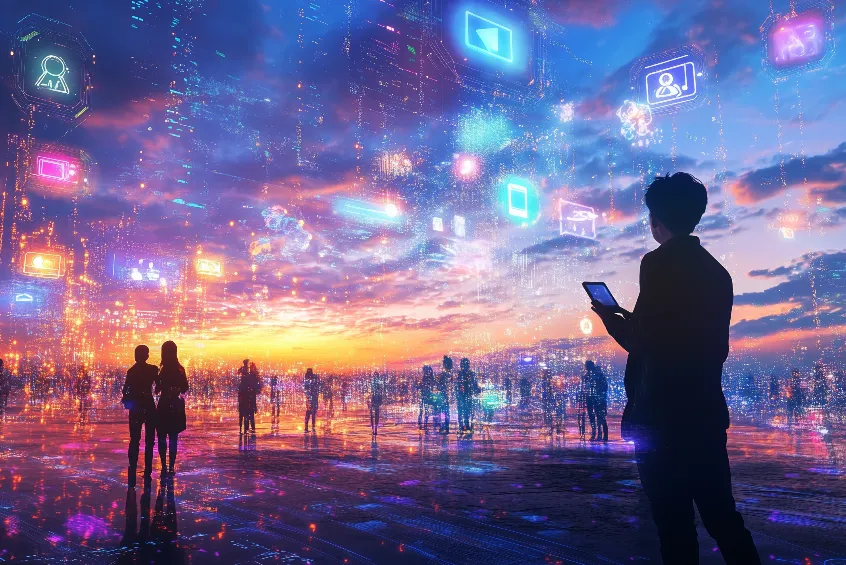 Person using a smartphone in a futuristic digital cityscape at sunset, surrounded by floating virtual icons and illuminated data displays representing AI, communication and digital technology