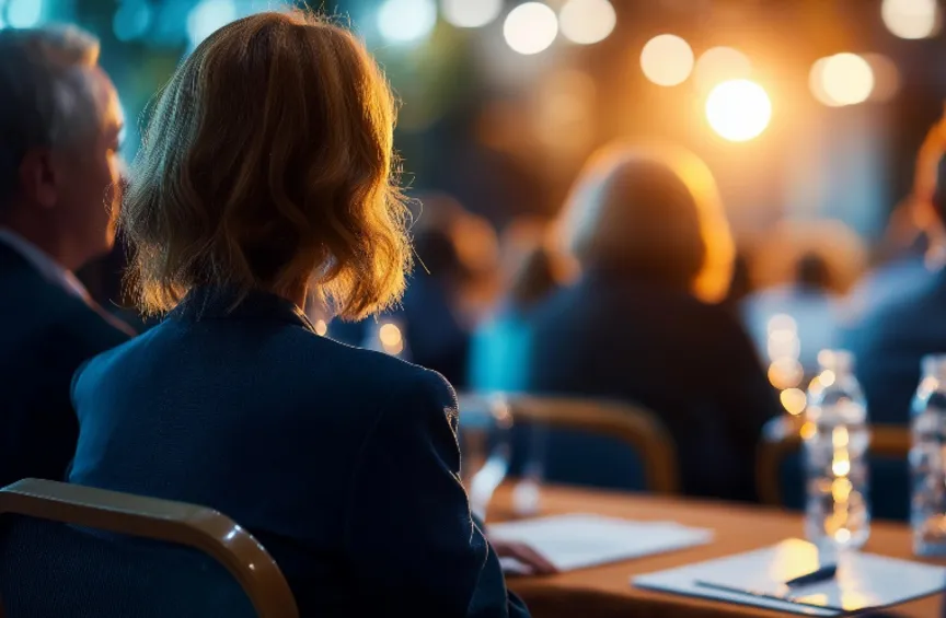 Person seated at a conference or presentation event, viewed from behind, facing a brightly lit stage area with other attendees seated in the background and tables holding notebooks and water bottles